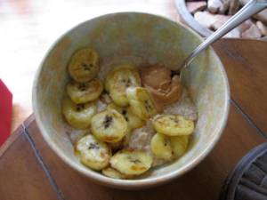 oat bran (1/3 cup OB, 2/3 cup water), sauteed plantain, and a scoop of peanut butter