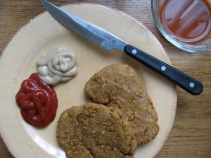 veganomicon's chickpea cutlets, ketchup, dijon mustard, side of hot sauce