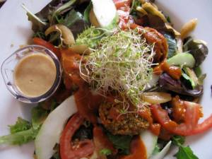 mixed greens, alfalfa sprouts, sunflower greens, tomato, "grilled" onions, cucumbers, curry sauce, 3 croquettes, barbeque sauce, and house dressing