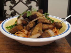brown rice pasta, marinara sauce, balsamic sauteed eggplant and onion, fresh cilantro