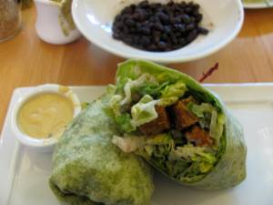 caesar wrap, black beans, side of jalapeno cashew cheese (which i put on the beans)