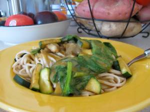 whole grain udon noodles, sauteed zucchini and mushrooms, wilted spinach, and leftover gravy